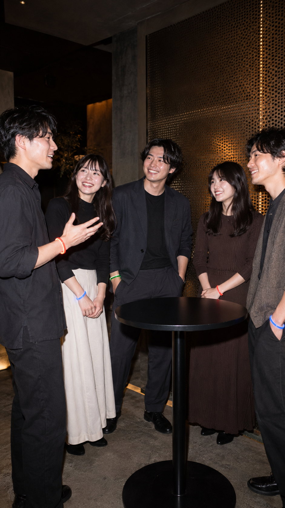 貸切ラウンジで会話を楽しむ男女5人